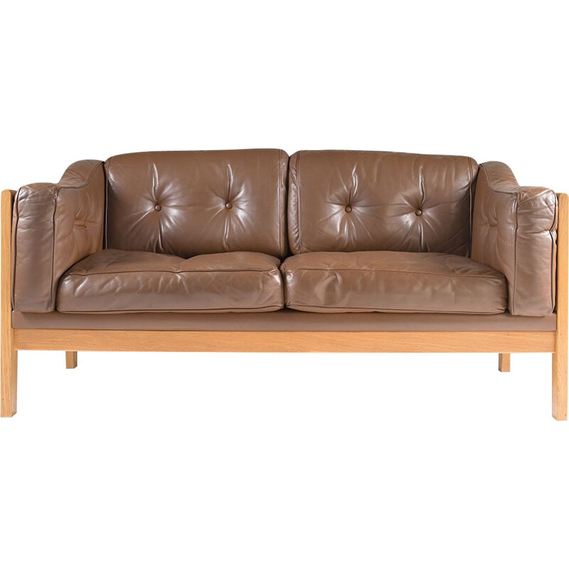 Swedish Oak and Brown Leather Sofa - 1960s