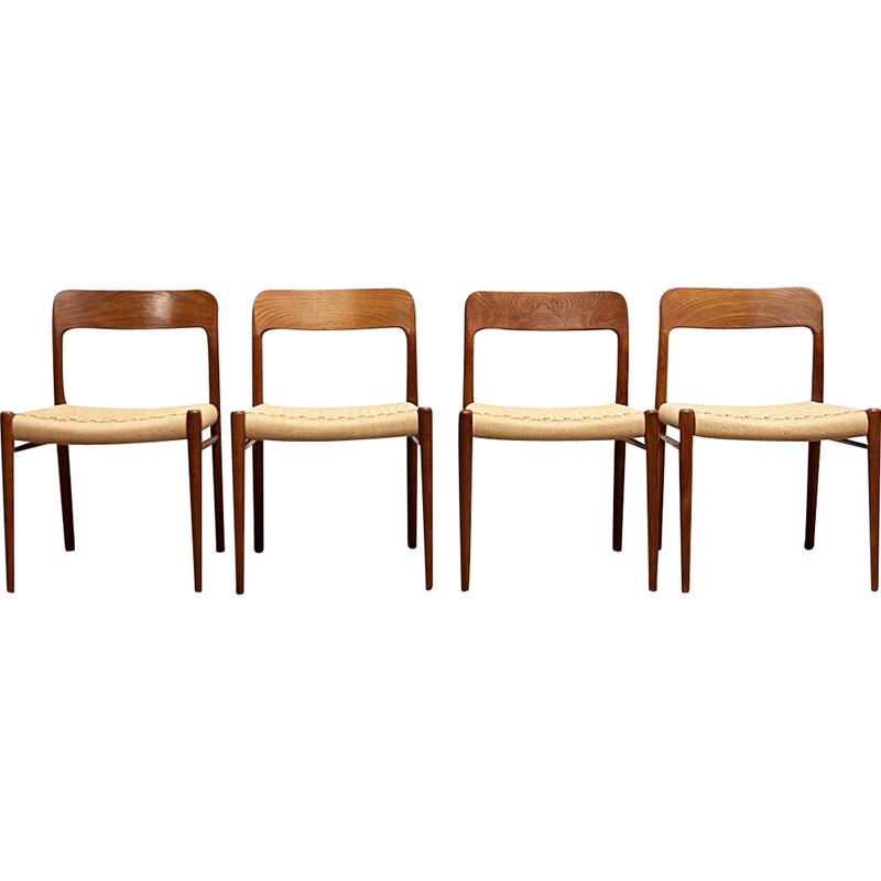 Set di 4 sedie da pranzo vintage danesi modello 75 in teak di Niels O. Møller per J.L. Møllers, anni '50