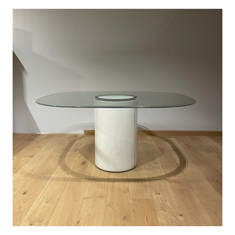 Table vintage "alto" en cuir blanc et verre de Tobia Scarpa pour B&B Italia, 1973