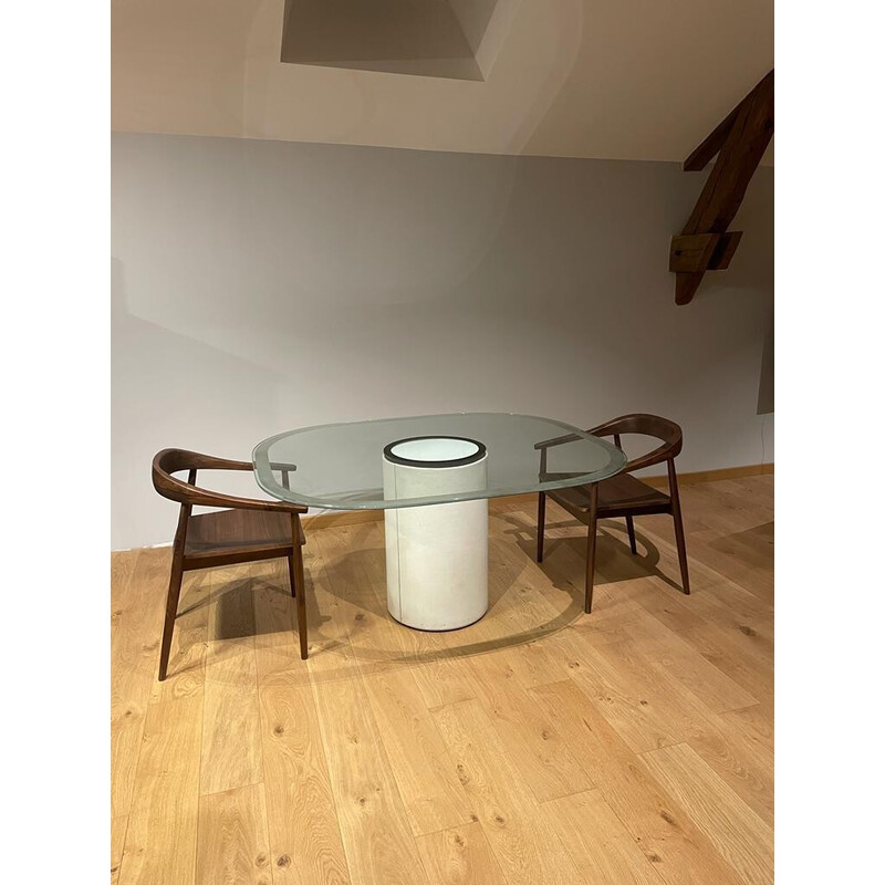 Table vintage "alto" en cuir blanc et verre de Tobia Scarpa pour B&B Italia, 1973