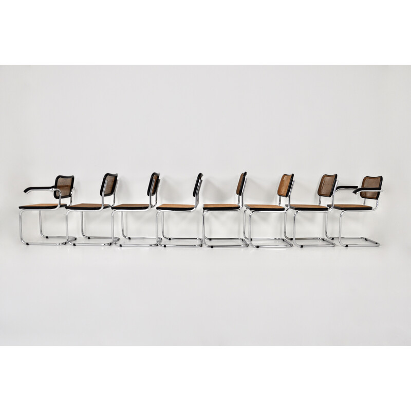 Ensemble de 8 chaises vintage en métal, bois et rotin par Marcel Breuer