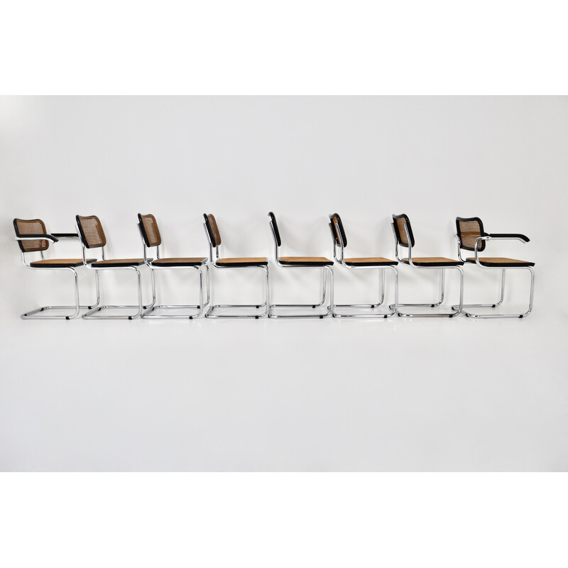 Conjunto de 8 cadeiras vintage em metal, madeira e rotim de Marcel Breuer