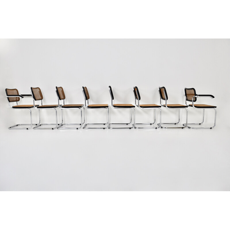 Set of 8 vintage chairs in metal, wood and rattan by Marcel Breuer