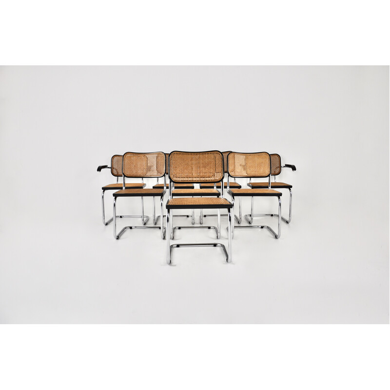 Ensemble de 8 chaises vintage en métal, bois et rotin par Marcel Breuer