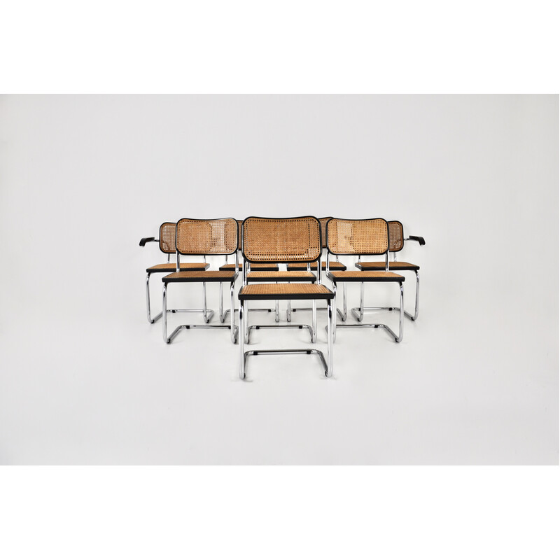Set di 8 sedie vintage in metallo, legno e rattan di Marcel Breuer