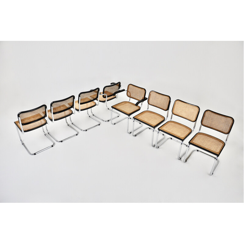 Conjunto de 8 sillas vintage de metal, madera y ratán de Marcel Breuer