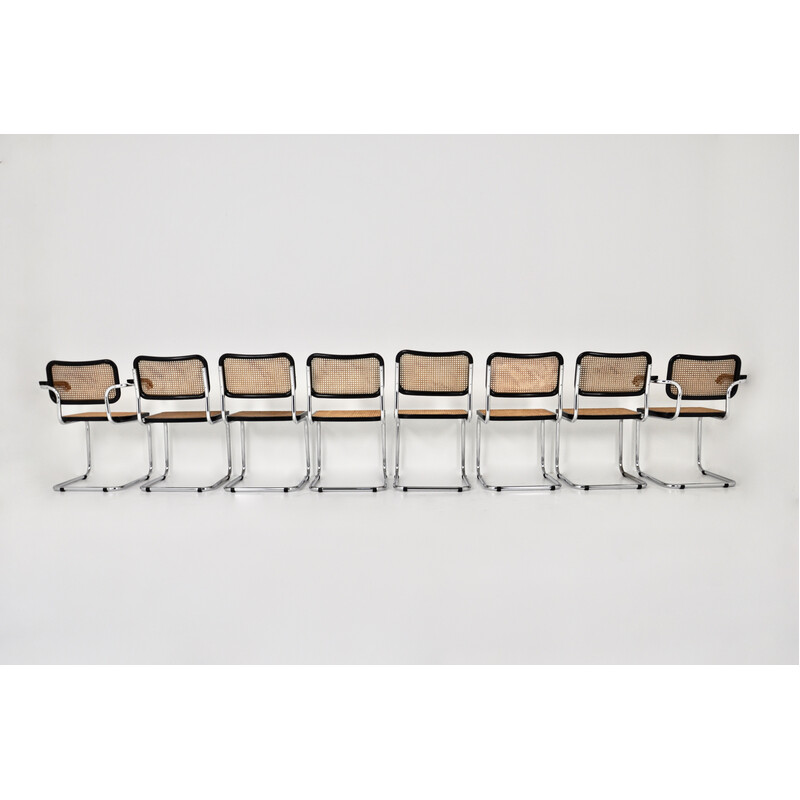Conjunto de 8 cadeiras vintage em metal, madeira e rotim de Marcel Breuer