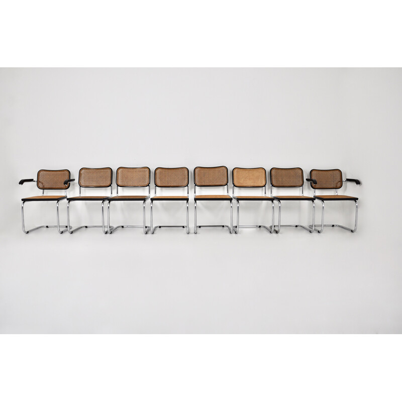 Ensemble de 8 chaises vintage en métal, bois et rotin par Marcel Breuer