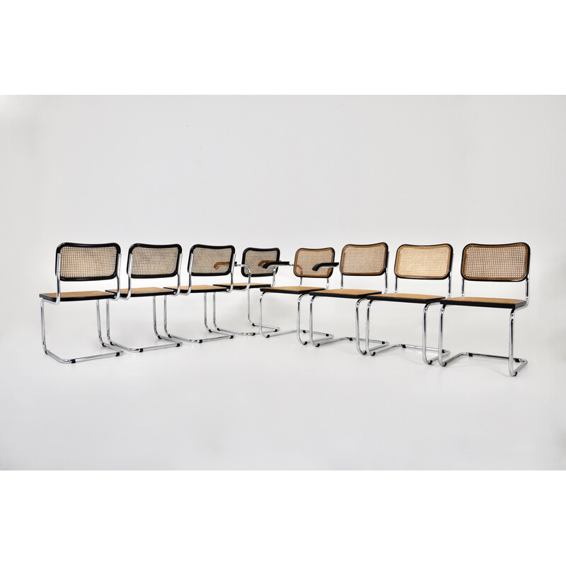 Ensemble de 8 chaises vintage en métal, bois et rotin par Marcel Breuer