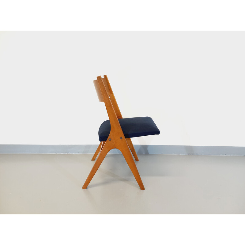 Cadeira em madeira vintage e tecido azul de René Jean Caillette, França 1950