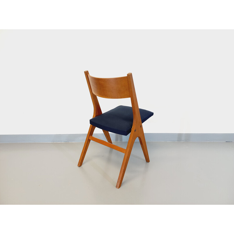 Vintage houten en blauwe stoffen stoel van René Jean Caillette, Frankrijk 1950