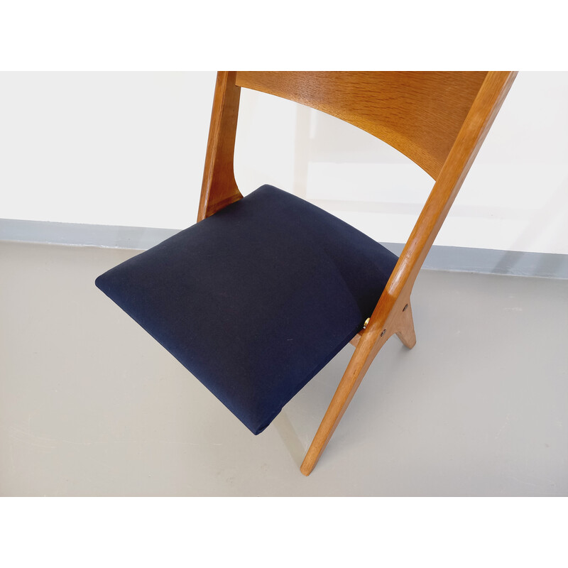 Cadeira em madeira vintage e tecido azul de René Jean Caillette, França 1950