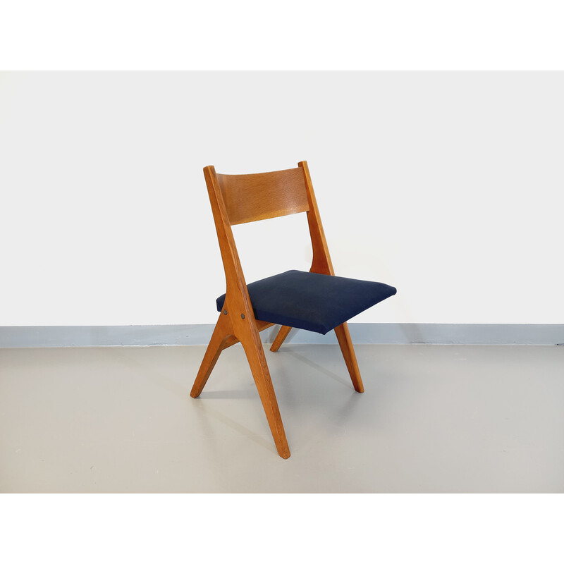 Vintage chair in wood and blue fabric by René Jean Caillette, France 1950s