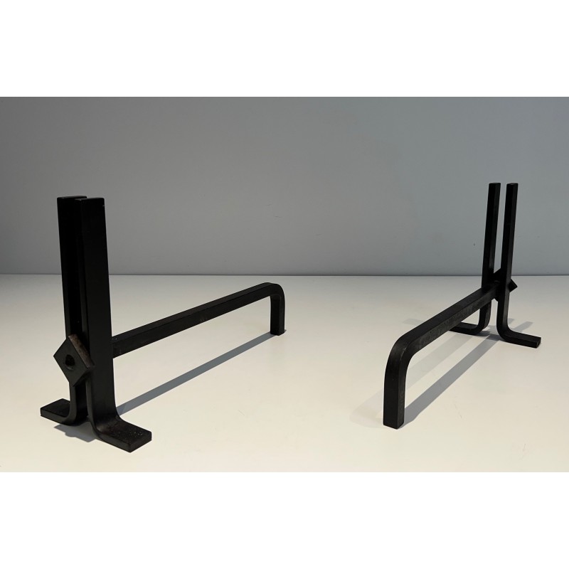 Pair of vintage cast iron and wrought iron andirons, France 1970s