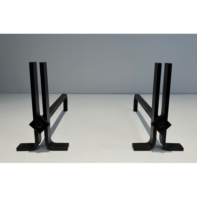 Pair of vintage cast iron and wrought iron andirons, France 1970s