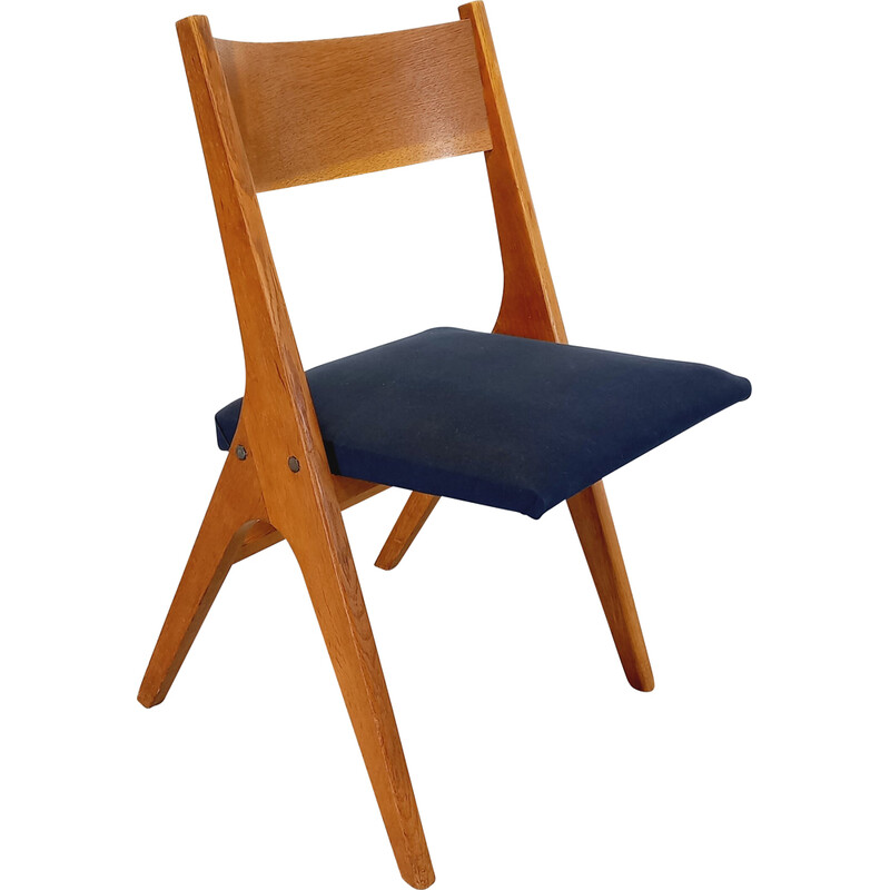 Vintage houten en blauwe stoffen stoel van René Jean Caillette, Frankrijk 1950