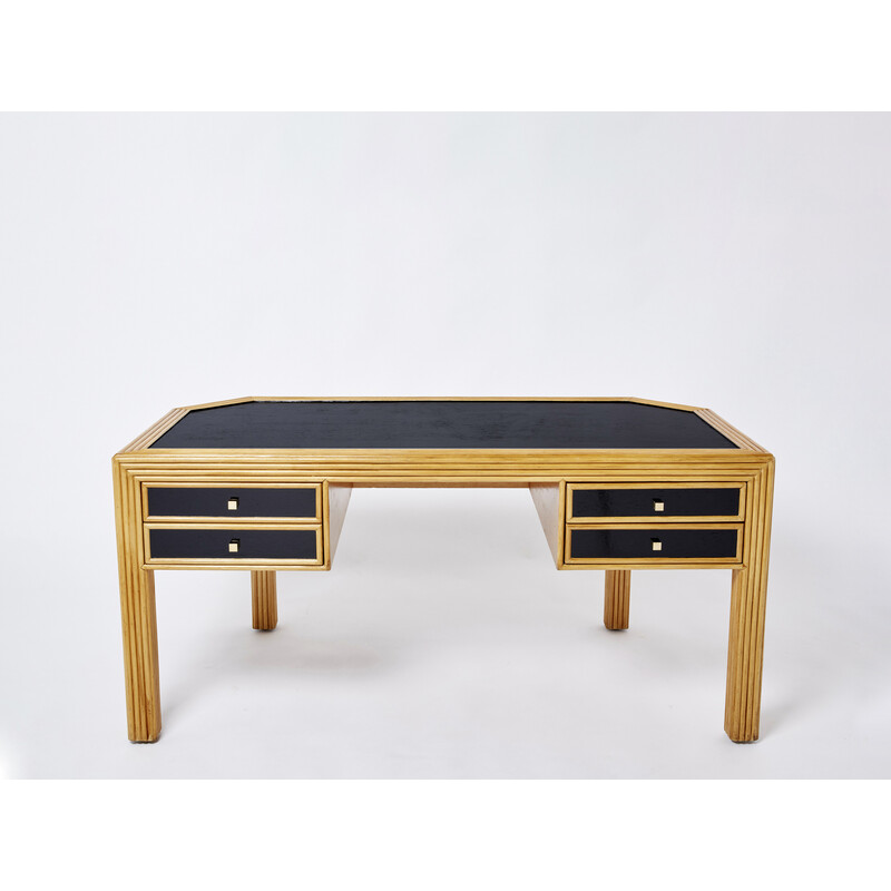 Vintage rattan and brass desk, Italy 1970s