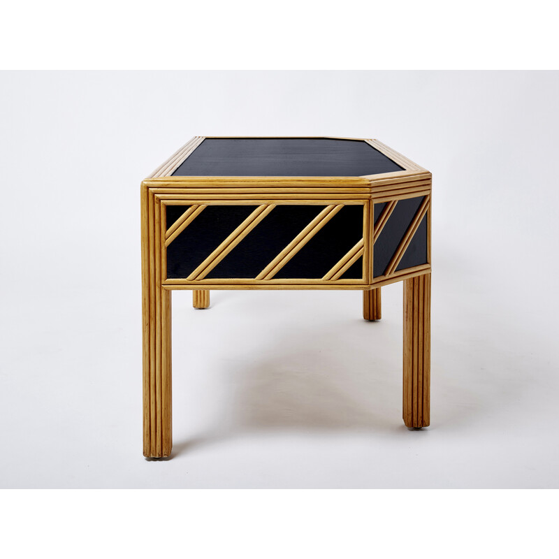 Vintage rattan and brass desk, Italy 1970s