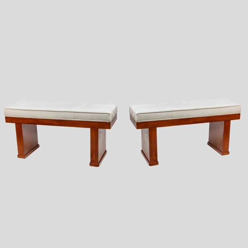 Pair of vintage benches in wood and velvet, Italy 1930-1940