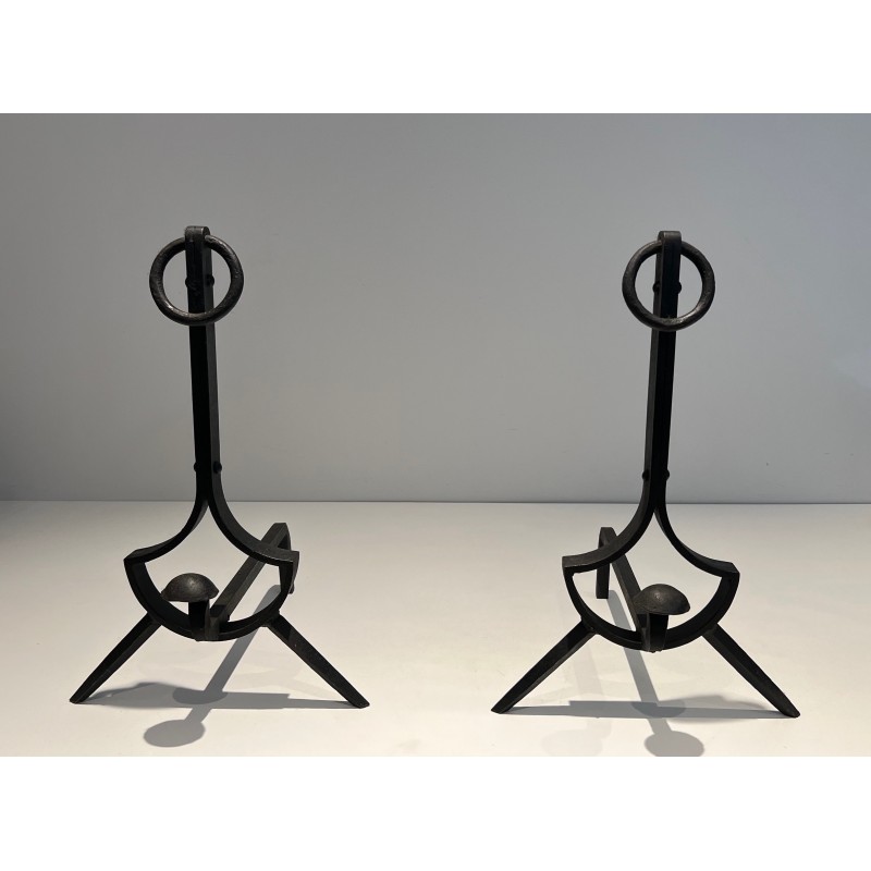 Pair of modernist vintage cast iron and wrought iron andirons, 1970