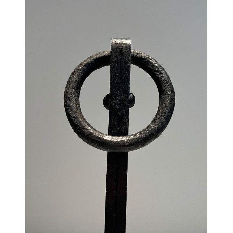 Pair of modernist vintage cast iron and wrought iron andirons, 1970