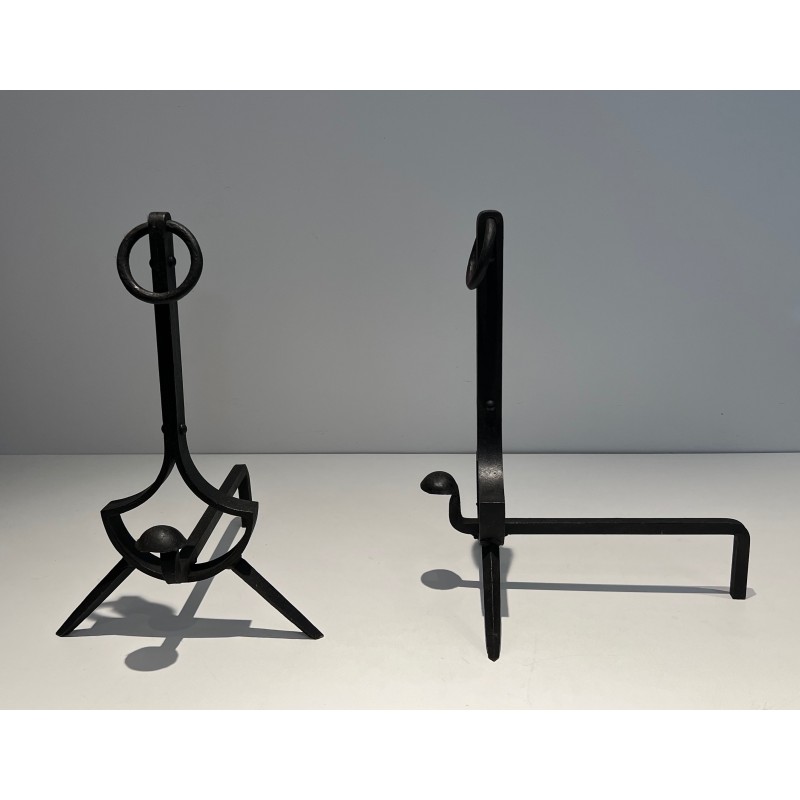 Pair of modernist vintage cast iron and wrought iron andirons, 1970