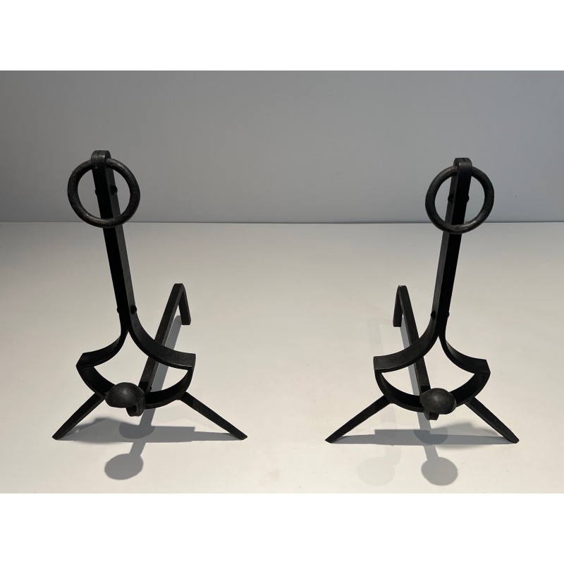 Pair of modernist vintage cast iron and wrought iron andirons, 1970