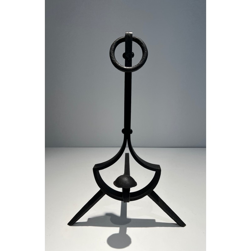 Pair of modernist vintage cast iron and wrought iron andirons, 1970