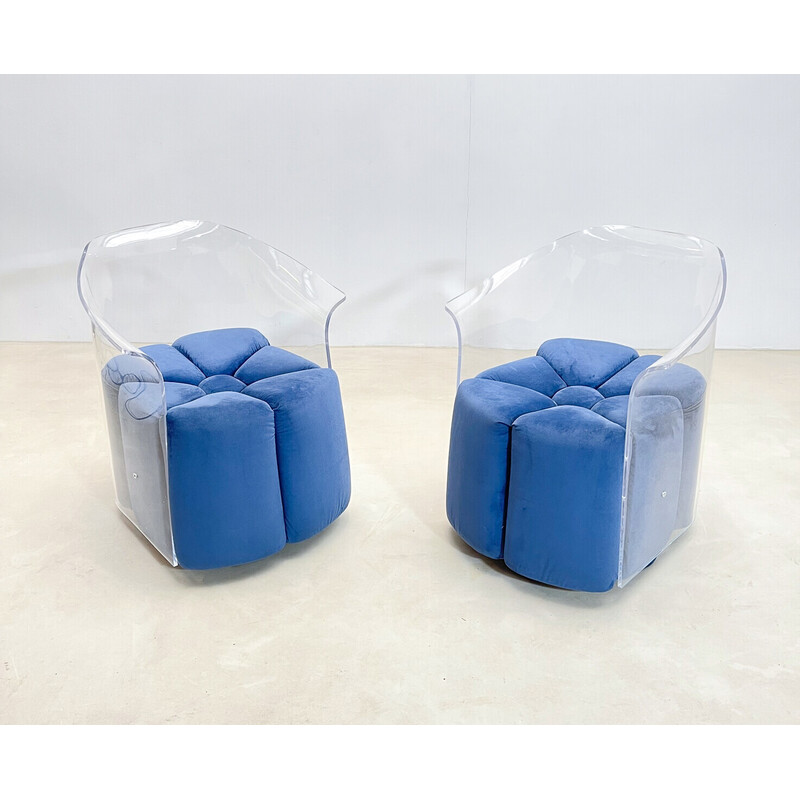 Pair of mid-century blue velvet and lucite armchairs, Italy 1970s
