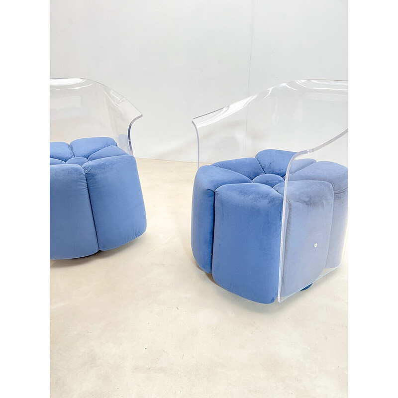 Pair of mid-century blue velvet and lucite armchairs, Italy 1970s