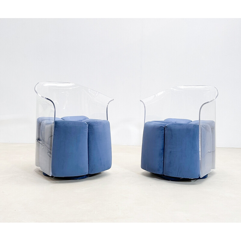 Paire de fauteuils vintage en velours bleu et lucite, Italie 1970