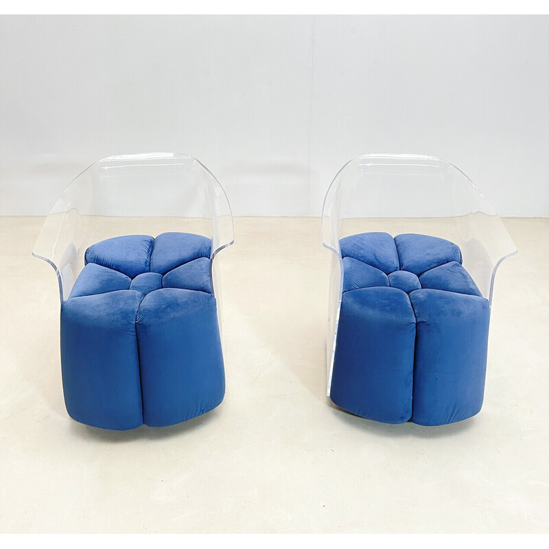 Paire de fauteuils vintage en velours bleu et lucite, Italie 1970