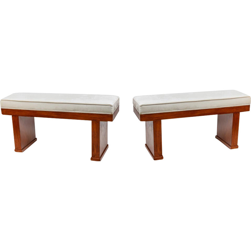 Pair of vintage benches in wood and velvet, Italy 1930-1940