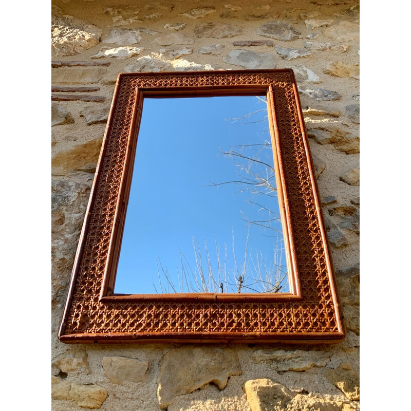 Vintage rectangular mirror in rattan and cane, 1960