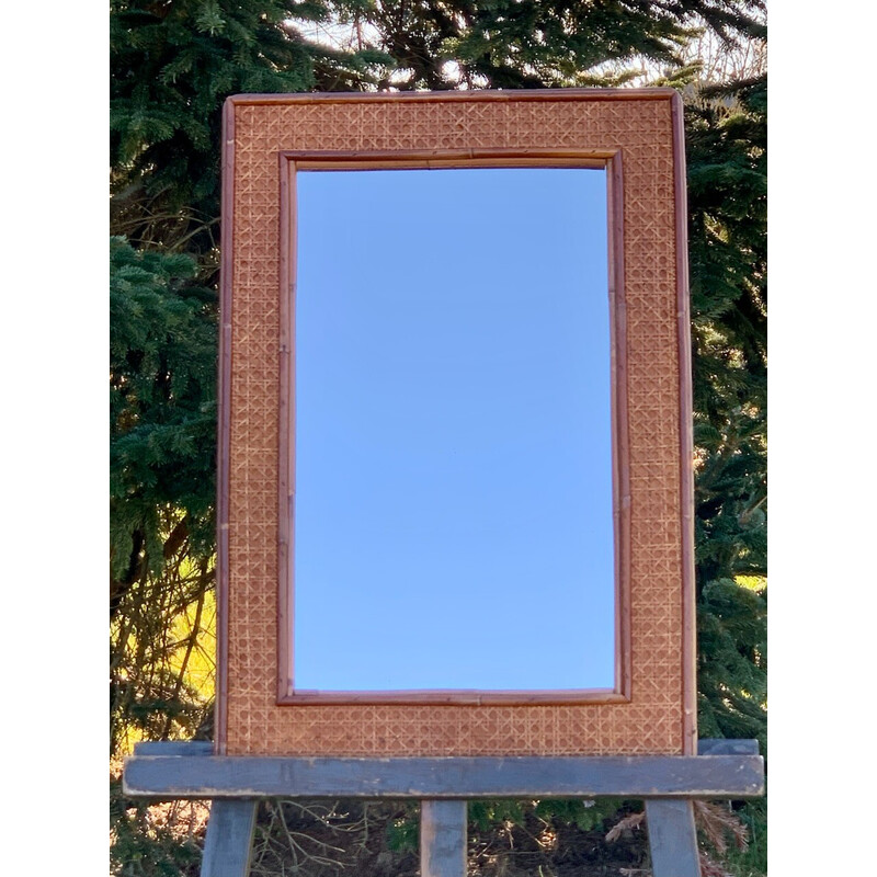 Vintage rectangular mirror in rattan and cane, 1960