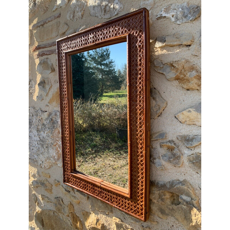 Miroir vintage rectangulaire en rotin et cannage, 1960