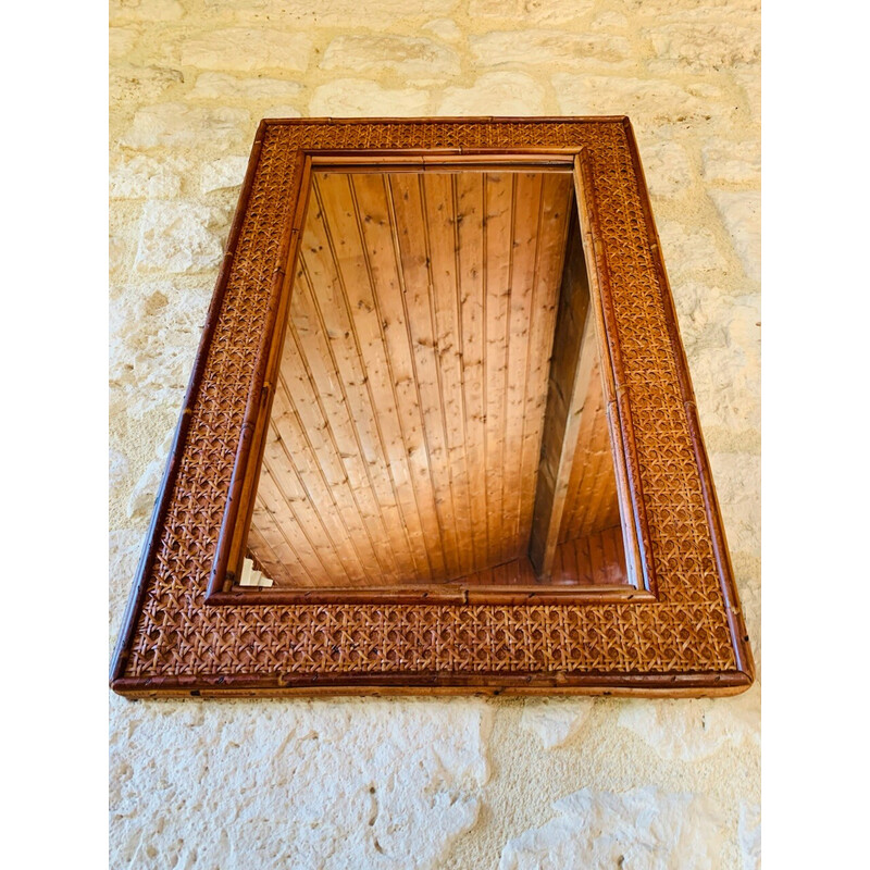 Vintage rectangular mirror in rattan and cane, 1960