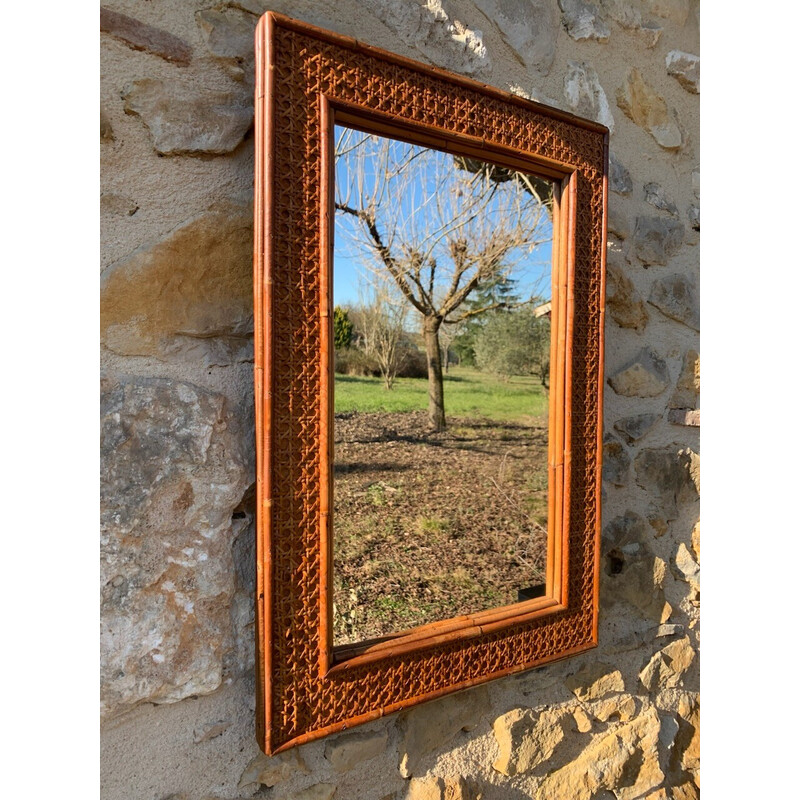 Miroir vintage rectangulaire en rotin et cannage, 1960