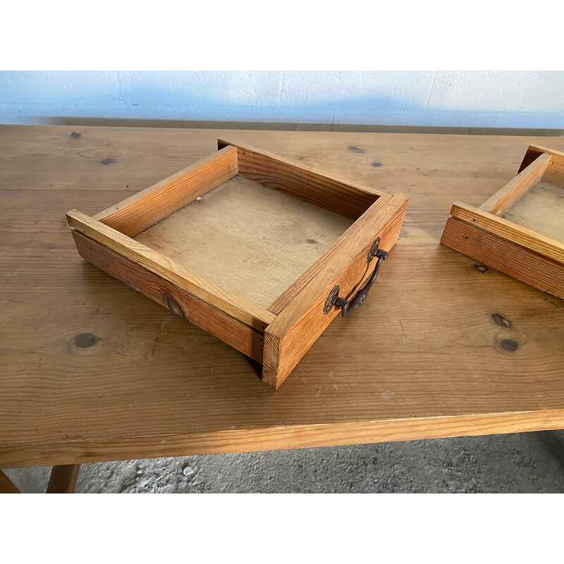 Table de ferme vintage en pin massif avec 2 tiroirs, 1950