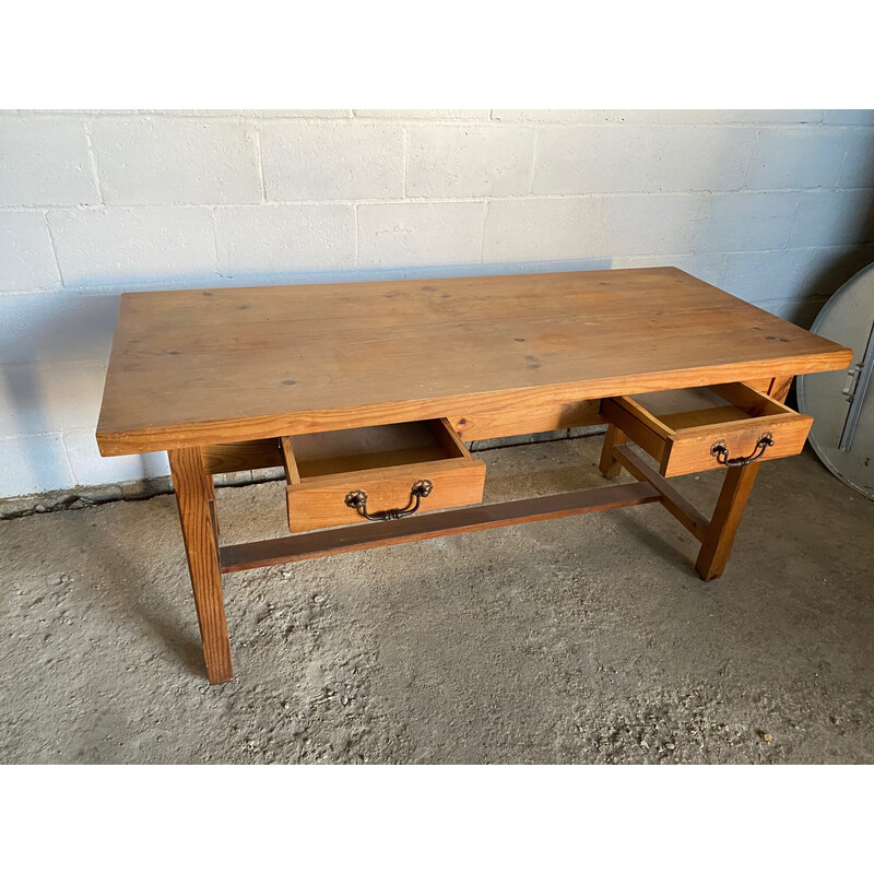 Table de ferme vintage en pin massif avec 2 tiroirs, 1950