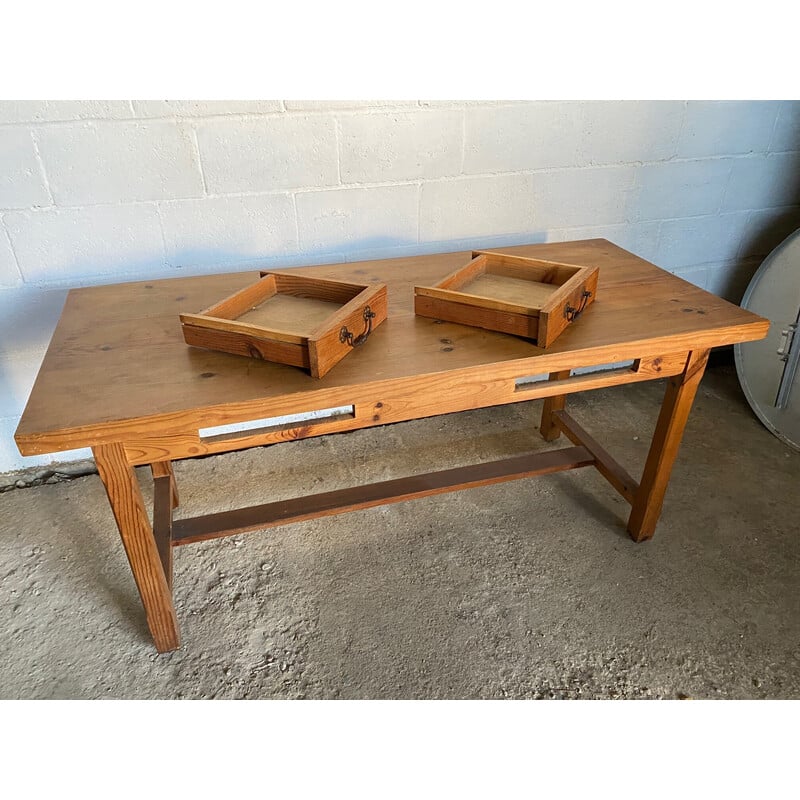 Vintage solid pine farm table with 2 drawers, 1950
