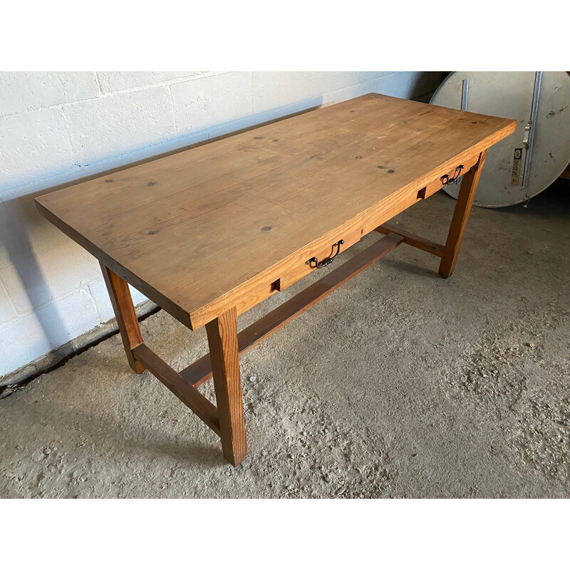 Vintage solid pine farm table with 2 drawers, 1950