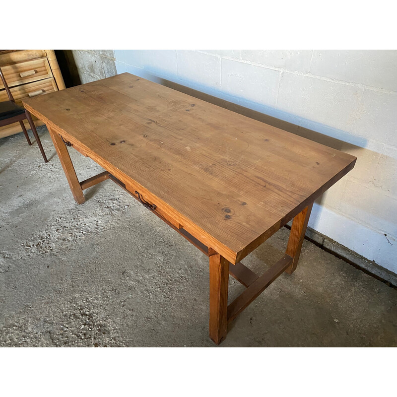 Table de ferme vintage en pin massif avec 2 tiroirs, 1950