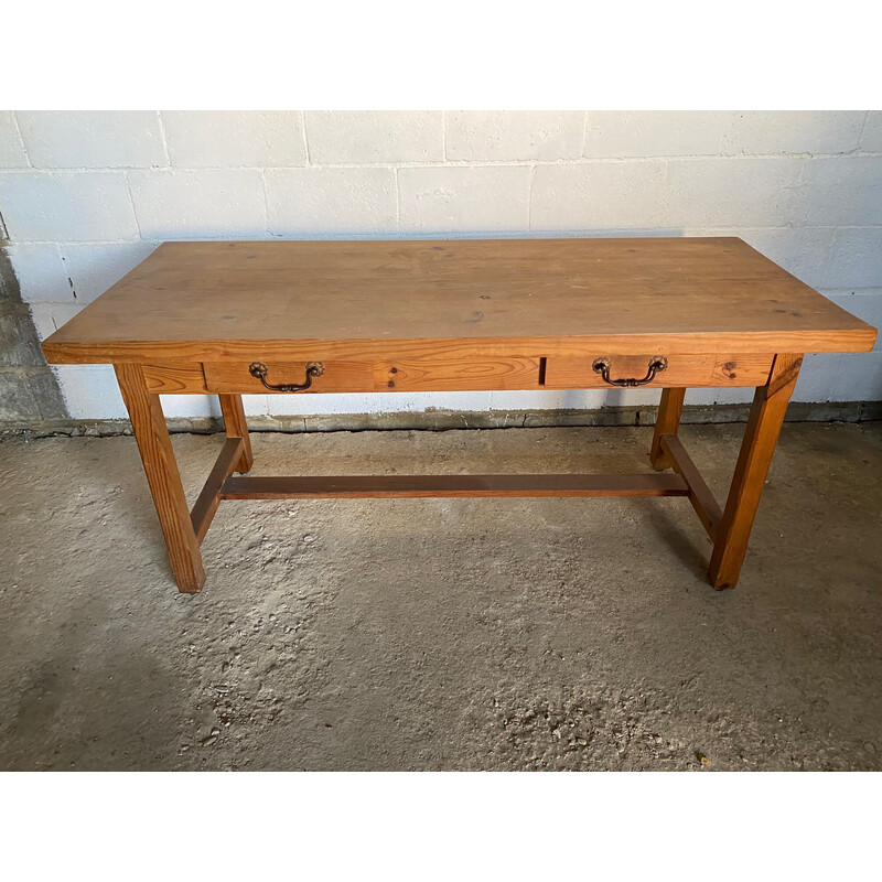 Vintage solid pine farm table with 2 drawers, 1950