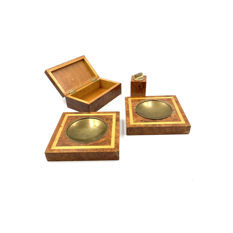Vintage smoking set in brass and wood, Italy 1970