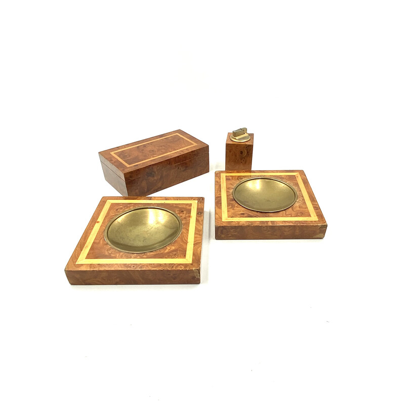 Vintage smoking set in brass and wood, Italy 1970