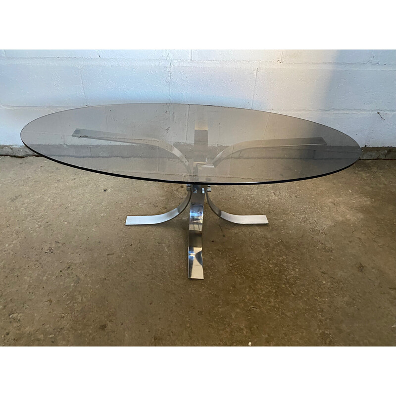 Vintage oval coffee table with smoked glass top and chrome base, 1970