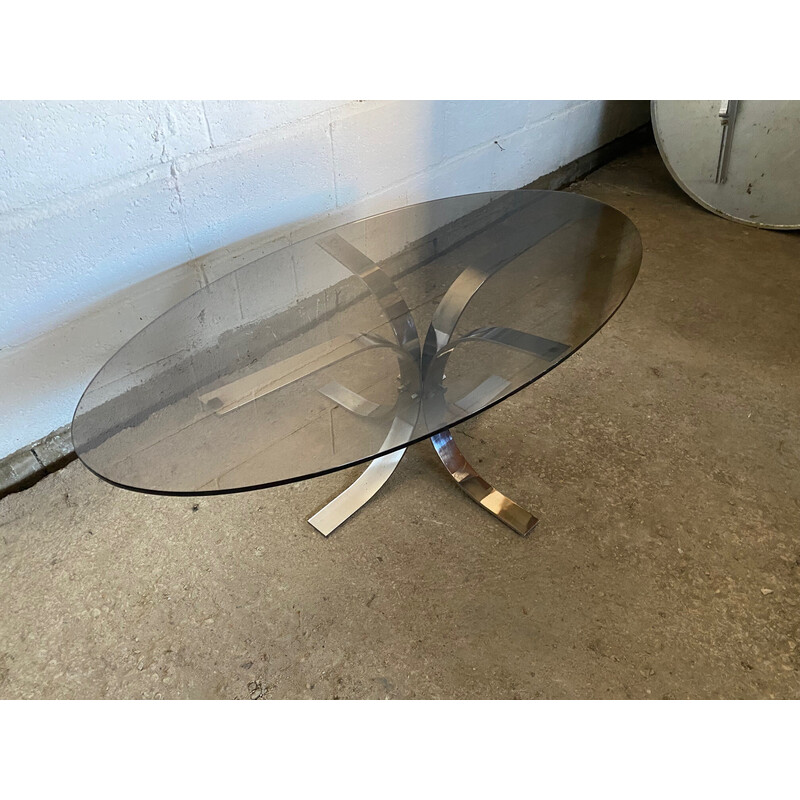 Vintage oval coffee table with smoked glass top and chrome base, 1970