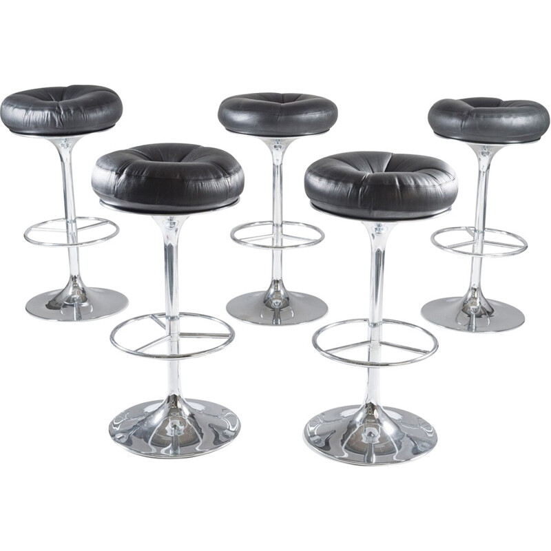 Set of 5 swedish chrome and leather bar stools by Johanson Design - 1970s