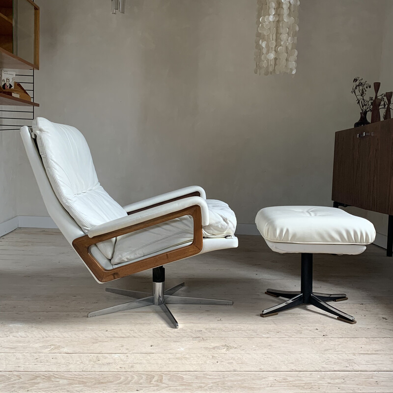 Vintage white leather armchair with ottoman by André Vandenbeuck for Strässle, 1970